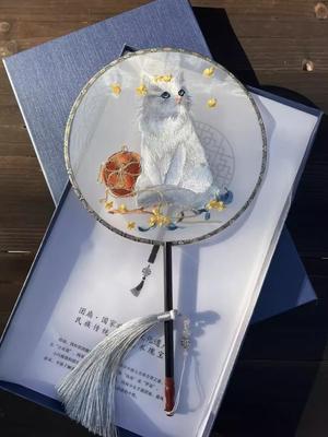 Cat Pattern Round Single Sided Machine Embroidered Fan Hanfu Qipao Chinese Style Fashion Show Shooting Gift