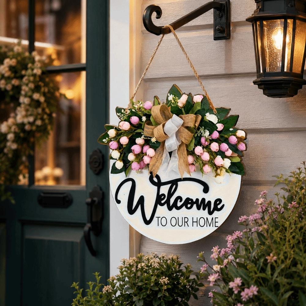 Flower Welcome Sign 2D Flat Wall Art Ornaments Door Wreath Home Decor