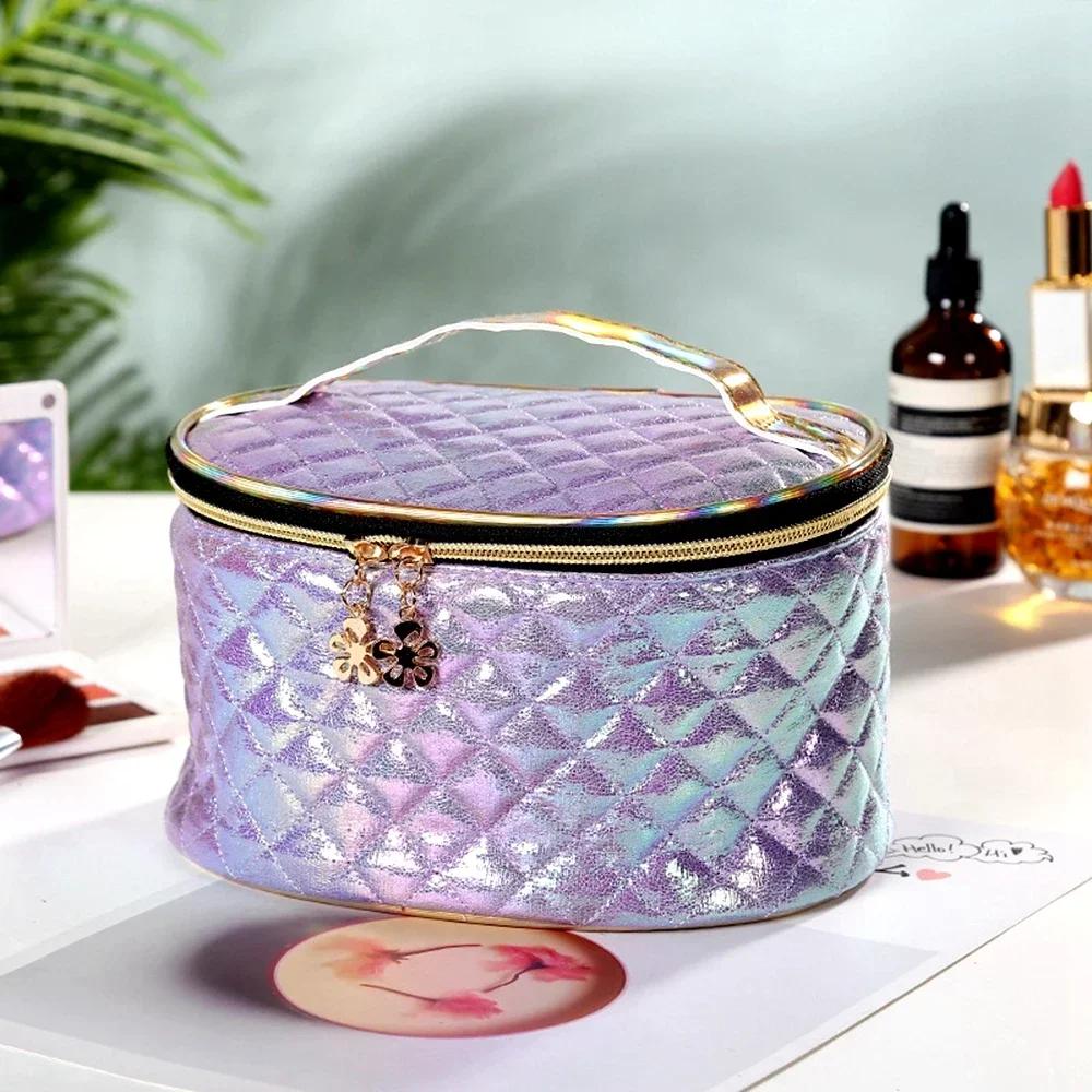 

Leather Argyle Women Cosmetic Bag with Mirror Multifunction Travel Toiletry Storage Organize Portable Handbag Makeup Case