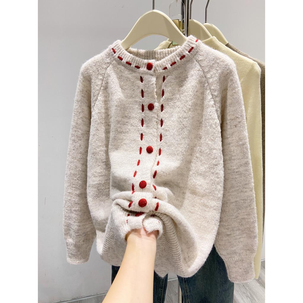 Apricot Soft Waxy Sweater Jacket Women's Spring and Autumn New Design Sense Loose Contrasting Color Knitted Cardigan Short Button Top