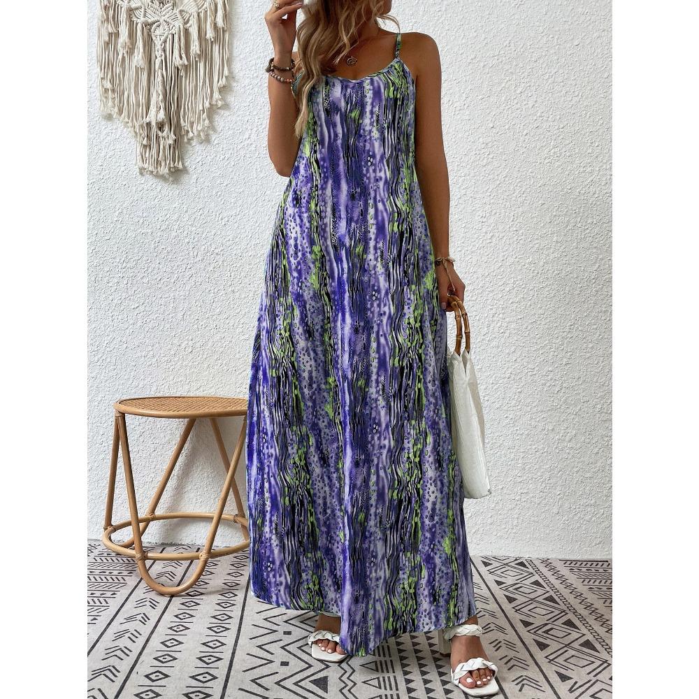 Women's Printed Spaghetti Strap Maxi Dress Casual Loose Summer Long Beach Dress