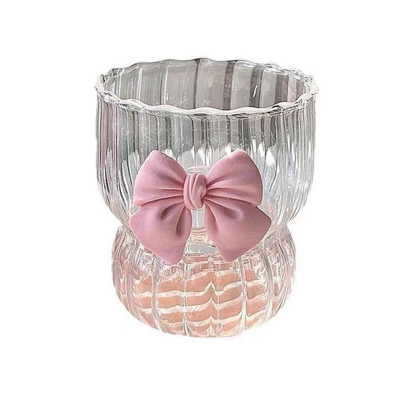 Vertical Striped Glass Cup with Bow Decor Cute Coffee Cocktail Juice Water Tea Glassware