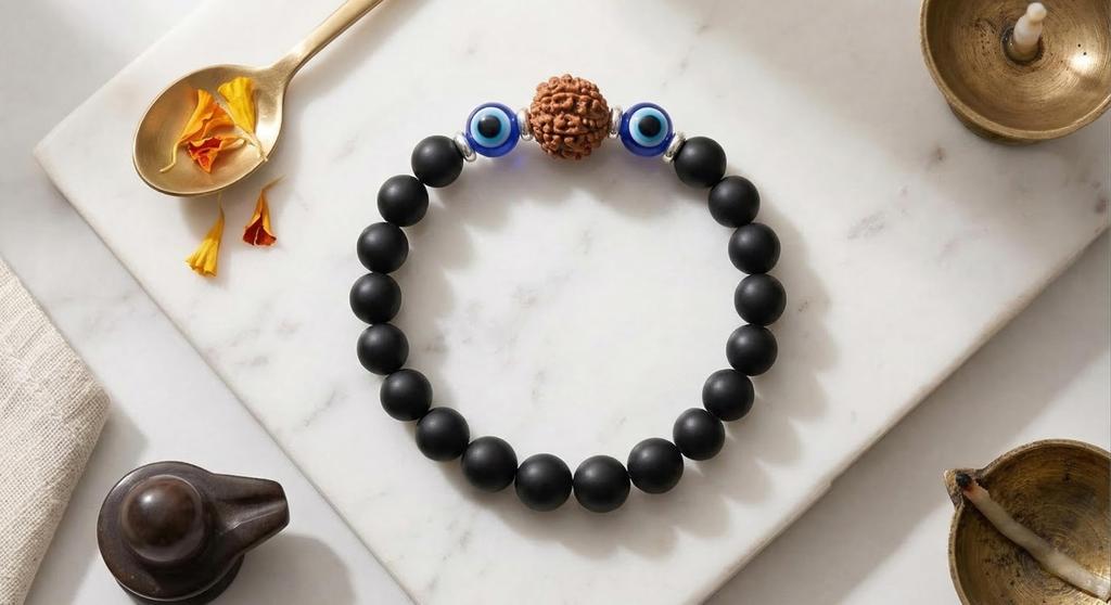 Original 5 Mukhi Rudraksha und Schutzarmband gegen das Böse Auge für Männer & Frauen | Natürliche 8mm Matt Schwarze Onyx-Perlen | Nazar Suraksha Spiritueller Schmuck