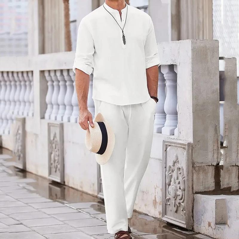 Směs bavlny a lnu Retro elegantní pánské dvoudílné ležérní ležérní výstřih do V Henry košile s dlouhým rukávem kalhoty se stahovací šňůrkou podzimní sada