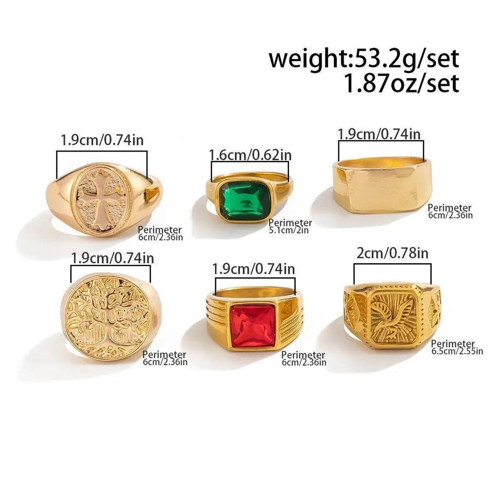 Ingemark 6Pcs/Set Retro Gold Color Signet Chunky Rings Men HipHop Punk Red Green Acrylic Rhinestone Finger Ring Party Jewelry