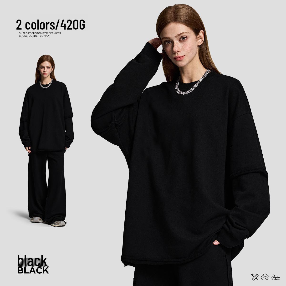 

2025 Autumn Heavyweight 420G Vintage Unisex Double Layer Sleeve Round Neck Hoodie XX-Large