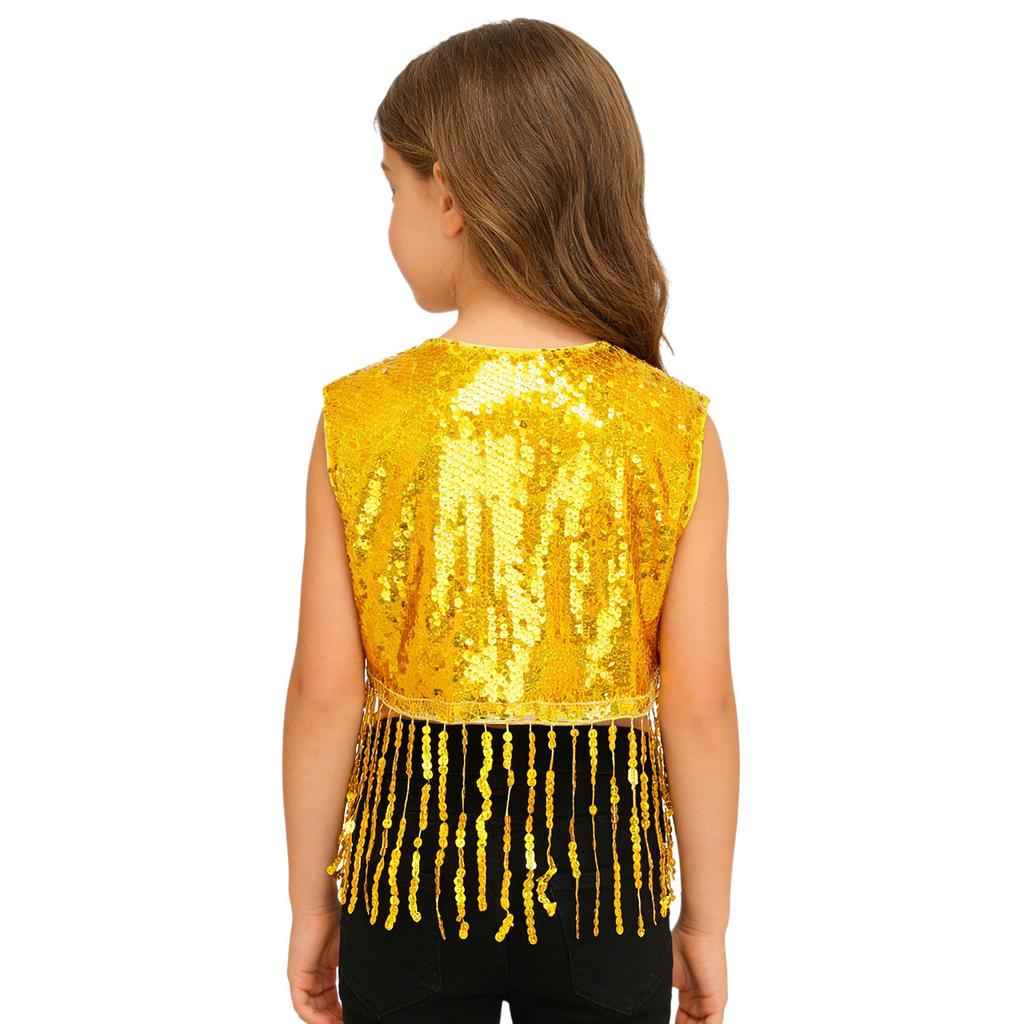 Sparkly Sequin Fringe Vest for Girls: Sleeveless Open Front Crop Top Waistcoat with Tassels, Perfect for Dance Recital & Show