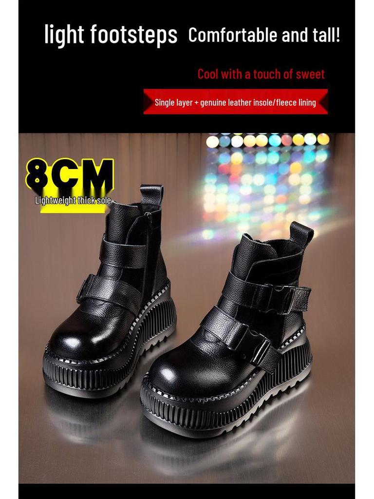 Women's Retro Genuine Leather Martin Boots - Height-Increasing, Thick Sole Ankle Boots for Autumn/Winter, British Style.
