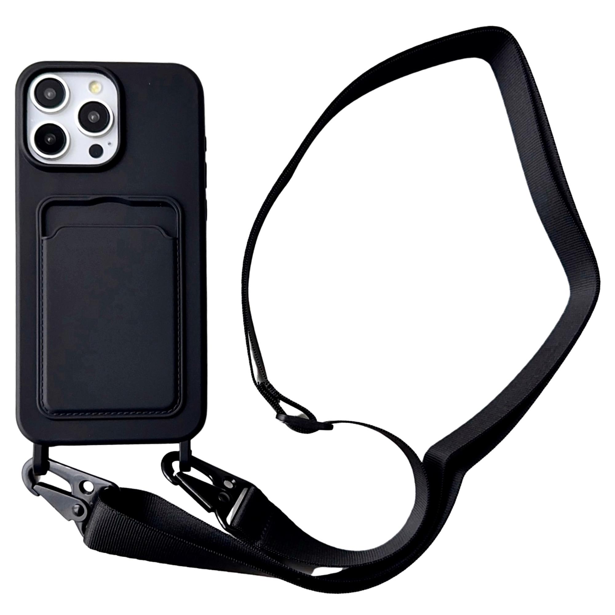 

For iPhone 16 Pro Max Case Liquid Silicone Card Slot Soft Phone Cover with Lanyard Strap A
