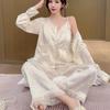 New Ice Silk Pajamas for Women with Chest Pads, National Style Jacquard Suspenders, Three-piece Set of Pure Desire Silk Loungewear