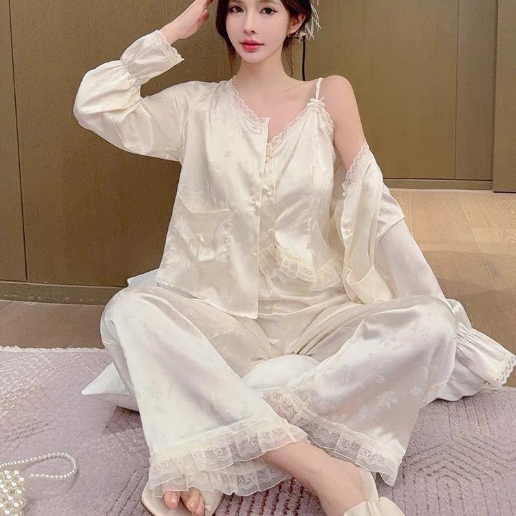 New Ice Silk Pajamas for Women with Chest Pads, National Style Jacquard Suspenders, Three-piece Set of Pure Desire Silk Loungewear