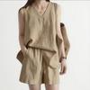 2025 Women's Linen Suit Set: Collarless Sleeveless Top & Slimming Shorts