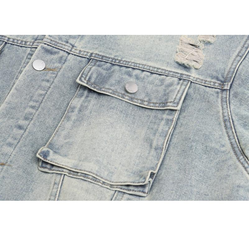 Men Denim Jacket 2025 Men Ripped Hole Single Breasted Coats Man Spliced Outerwear Jackets Pockets Casual Loose Washed Distressed Jackets