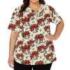 Women's Fashion Christmas Print V-Neck Short Sleeve Caregiver Work Top with Pockets