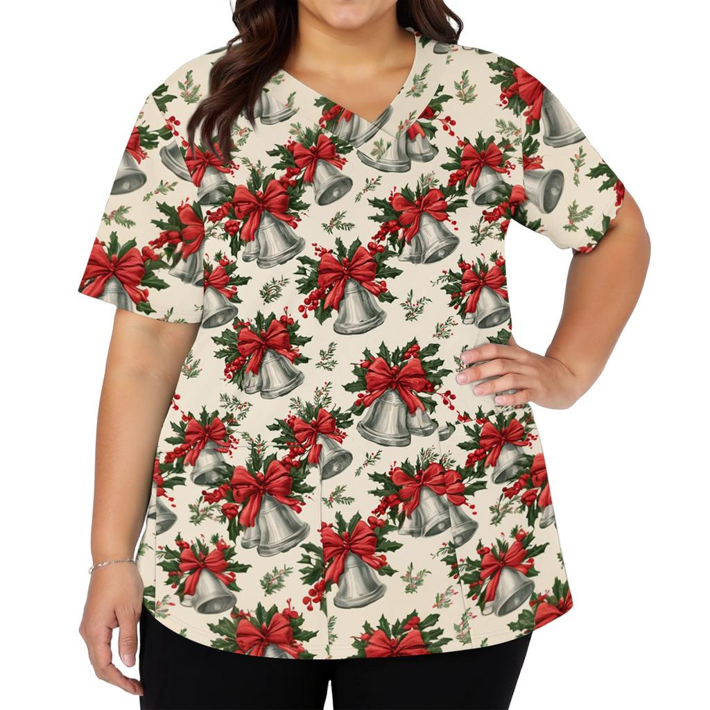 Women's Fashion Christmas Print V-Neck Short Sleeve Caregiver Work Top with Pockets