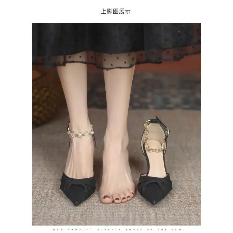 

Женские однотонные элегантные сандалии, повседневные туфли на массивном каблуке с ремешком из искусственного жемчуга, легкие туфли для платья с острым носком 40