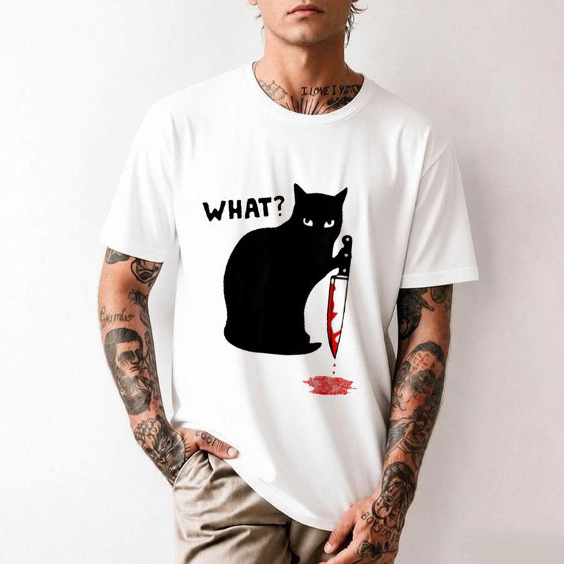 Chat Meurtrier Drôle Quoi Chat noir avec couteau Cadeau d'Halloween effrayant t-shirt 0705 Mignon chaton Saisir