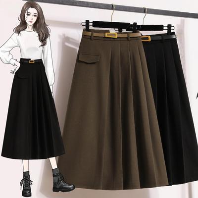 Large Size Fat Mm Solid Color Thickened Pleated Wool Skirt Winter New Retro High Waist Slim Skirt for Women