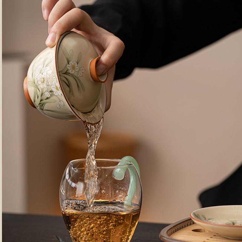 Čínská béžová Ru Kiln Čaj Tureen Šálek na čaj Ručně malované květiny narcisů Keramická čajová miska Gaiwan pro domácnost Cestovní konvice na čaj Čajovač