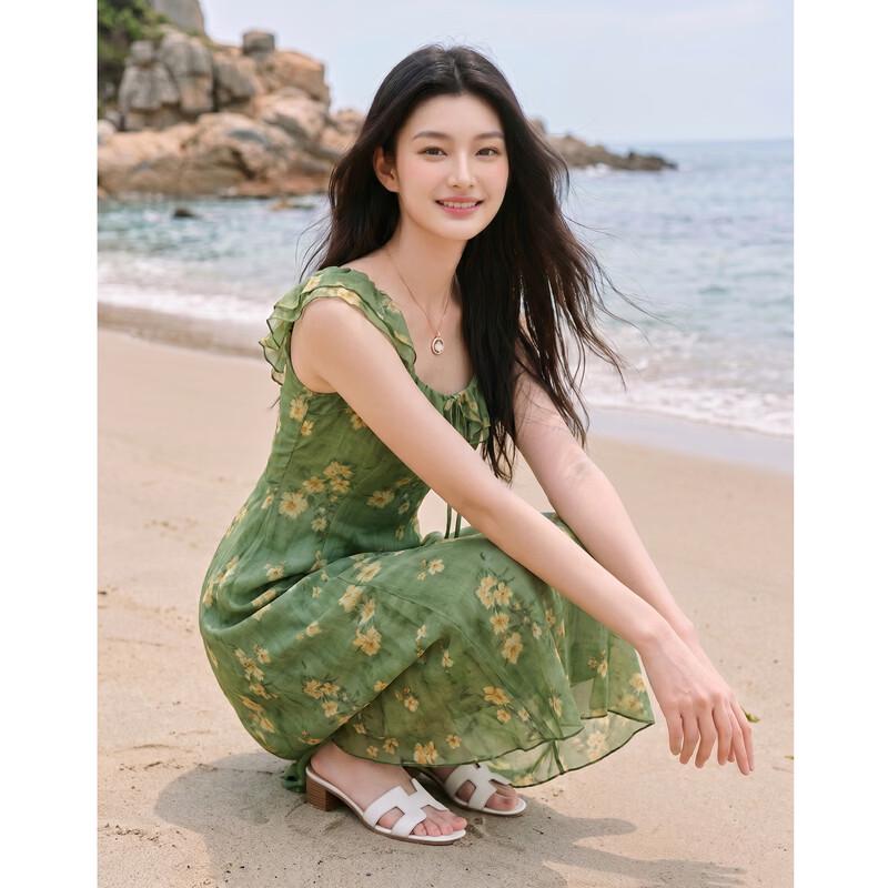 Women s Floral Ruffle Square Neck Dress S