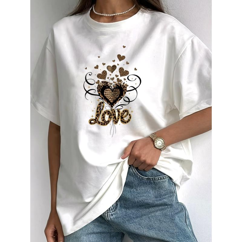 Women's Leopard Print Love Heart Graphic Crew Neck Short Sleeve Casual Streetwear Tee