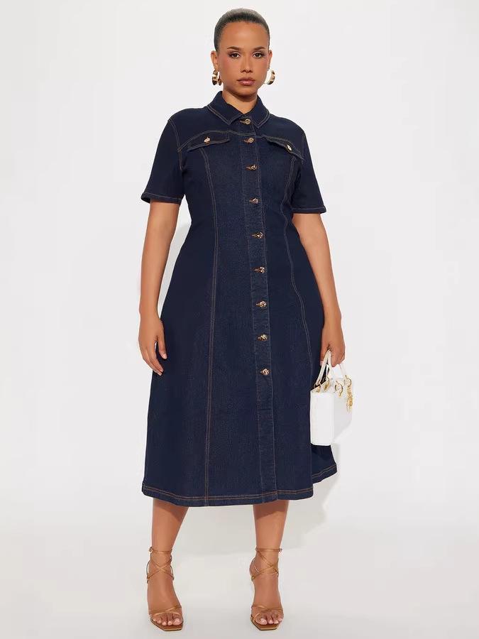 Women's Casual Short Sleeve Denim Dress with Lapel - Summer Style 89375
