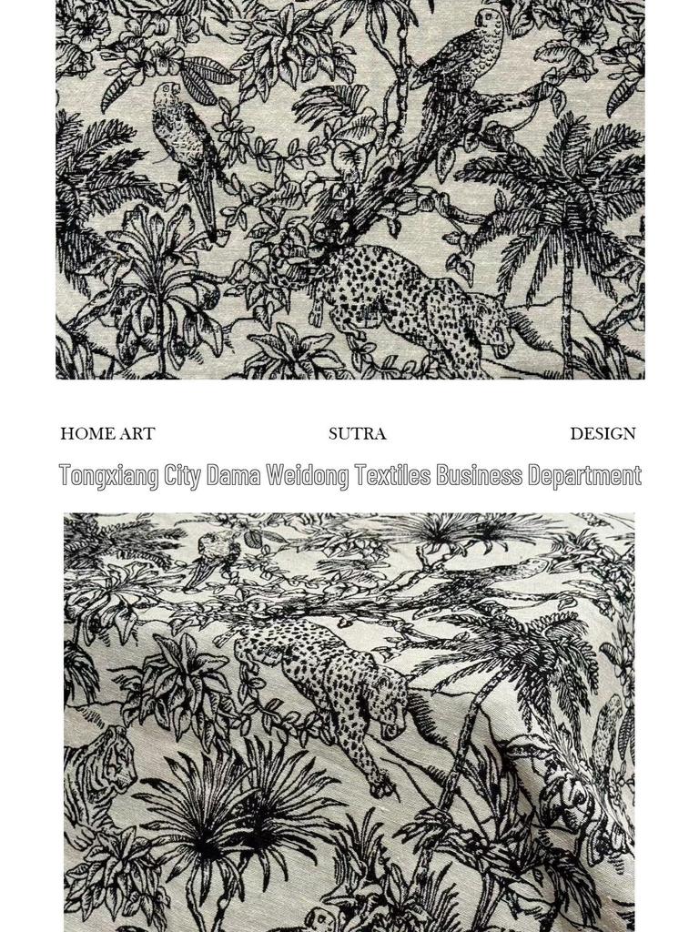 Vintage Black & White Jungle Print Polyester-Cotton Jacquard Fabric for Sofa, Pillow, Clothing, or Shoes