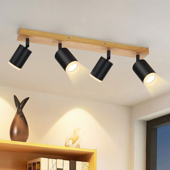 Spot Plafond Bois Noir 4 Spots GU10 Orientables 350° - NETTLIFE - Style Industriel Vintage pour Salon Cuisine Chambre Bureau