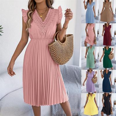 2026 Spring/Summer Women's Lace V-neck Black Ear Edge Waist Pleated Dress S-XL