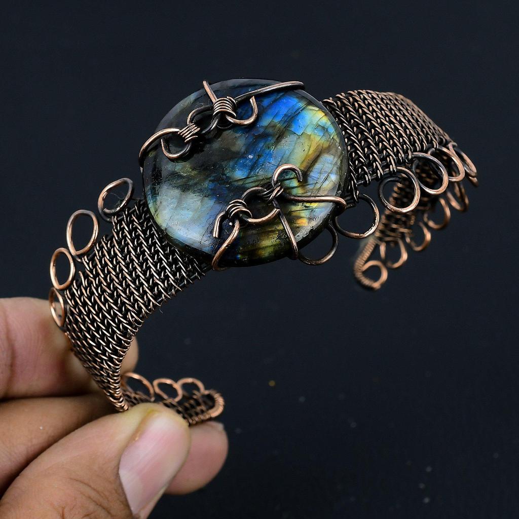 Labradorite Bangle, 999 Copper Wire Wrapped Jewelry, Gemstone Bangle, Gift For Her Handmade Dainty Jewelry