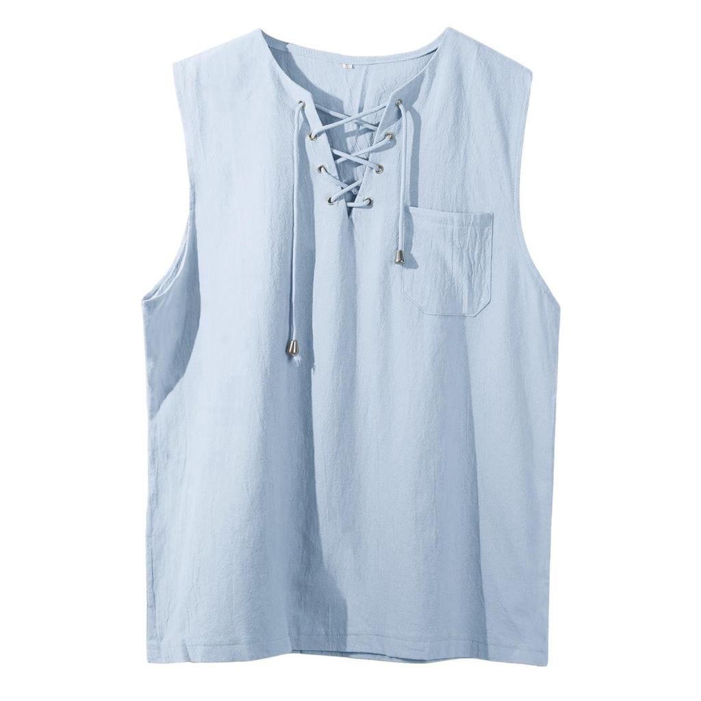 Gilet Casual da Uomo Senza Maniche in Cotone e Lino con Scollo a V Allacciato e Tasca Frontale