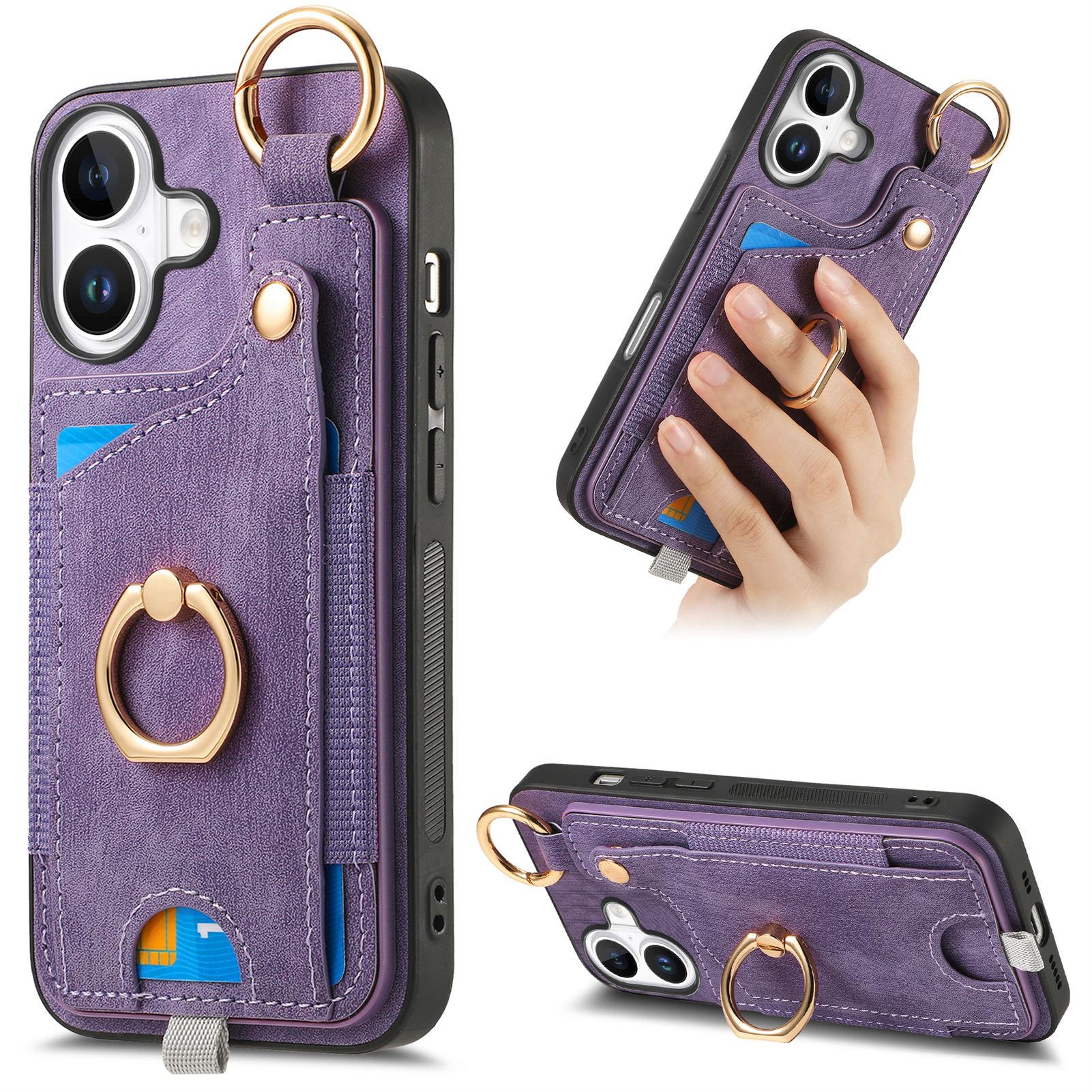 

For iPhone 16 Plus Case Card Slots Leather+TPU Phone Cover with Ring Buckle Purple