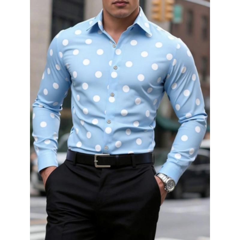 Men's Polka Dot Shirt Casual, Breathable, Comfortable, Fashionable and Trendy Men's Long Sleeved Shirt, Lapel Shirt