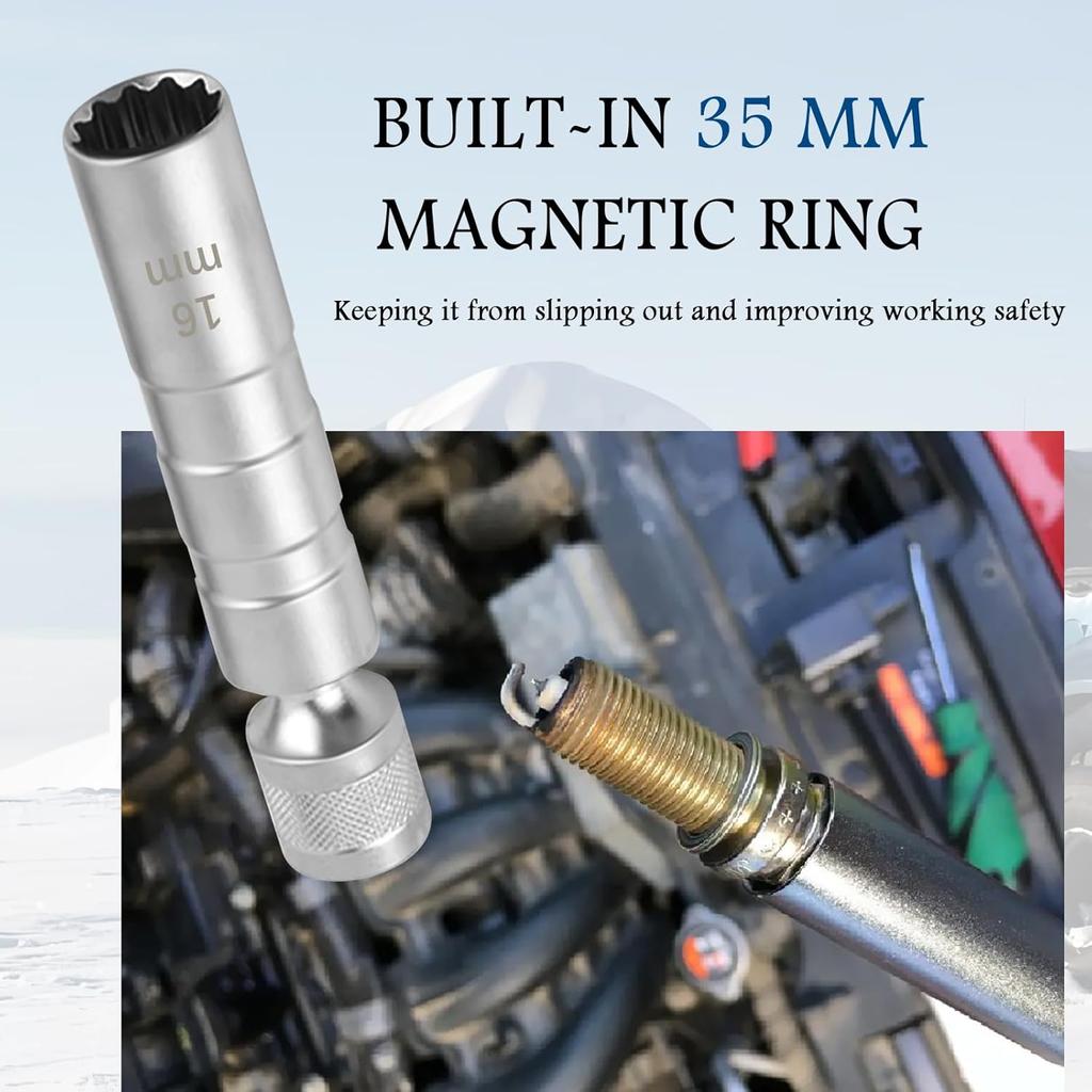 16mm 5/8" Spark Plug Socket with 3/8" Drive,12 Points Magnetic Spark Plug Tool with Thin Wall Design for Removing Glow Plugs,360° Rotatable Car