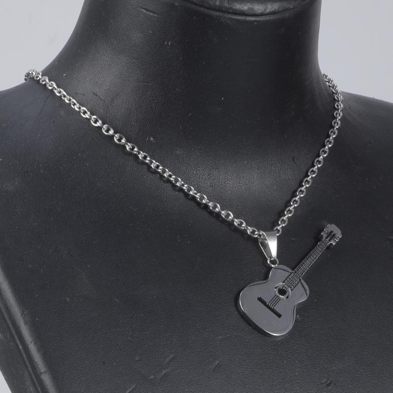 Musical Guitar Pendant with 60cm/24in Chain Hip Hop Music Style Stainless Steel Guitar Pendant Jewelry Personalized Gift
