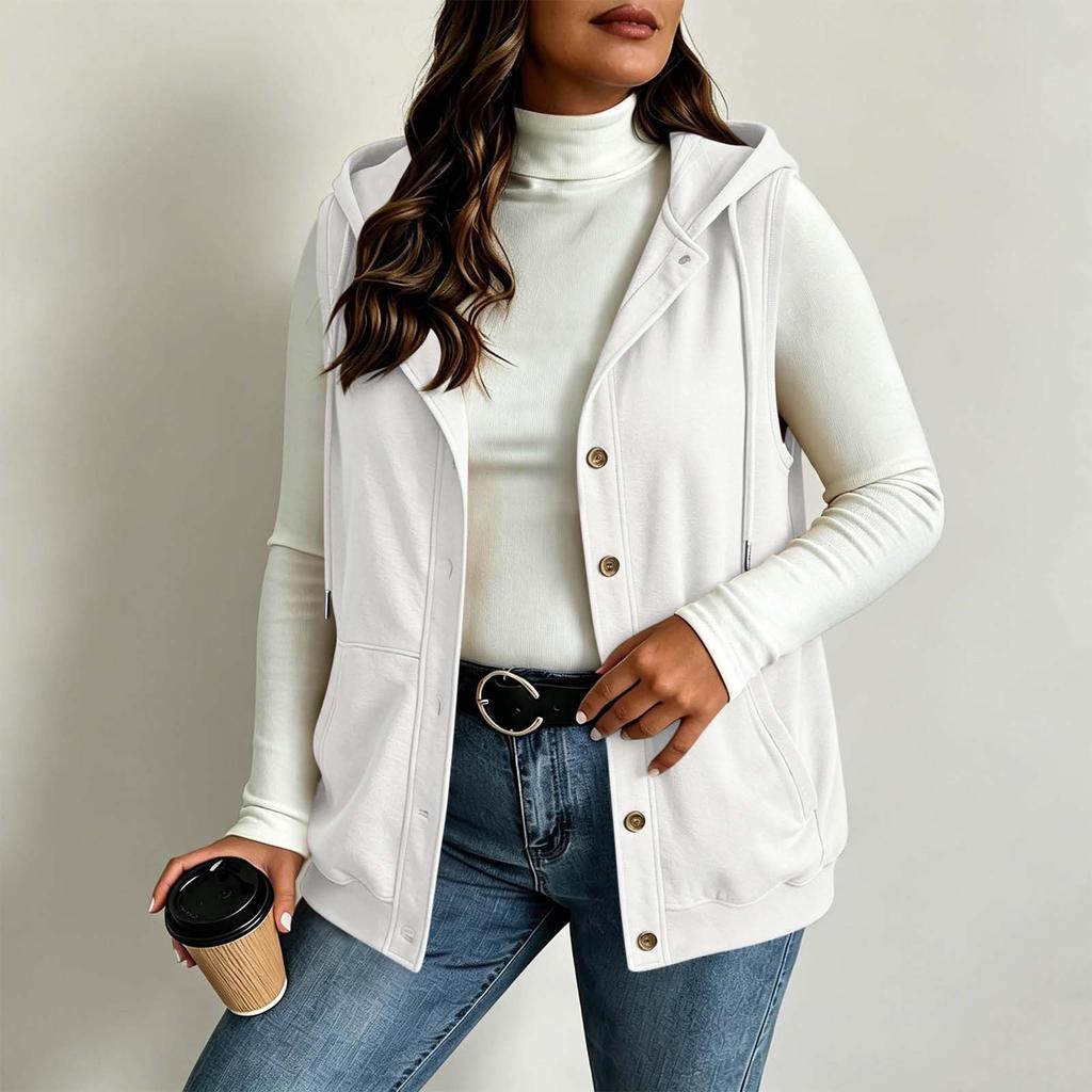 Gilet da donna alla moda con cappuccio, chiusura a bottoni, coulisse, senza maniche e con tasche