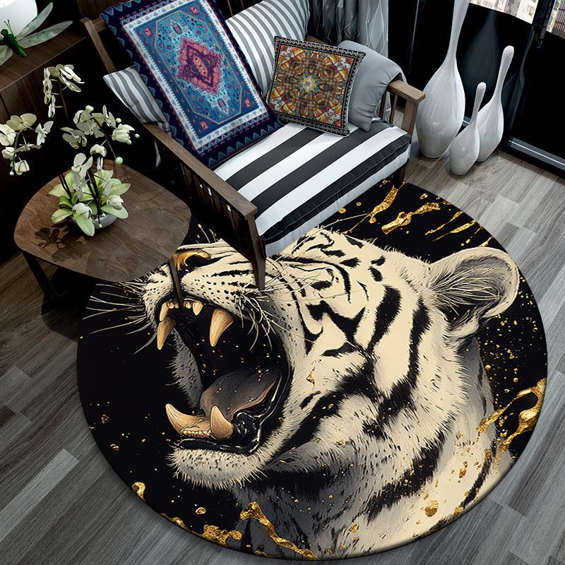 Roaring Tiger Round Area Rug,Carpet Rug for Living Room Bedroom Sofa Playroom Decor,Non-slip Floor Mat
