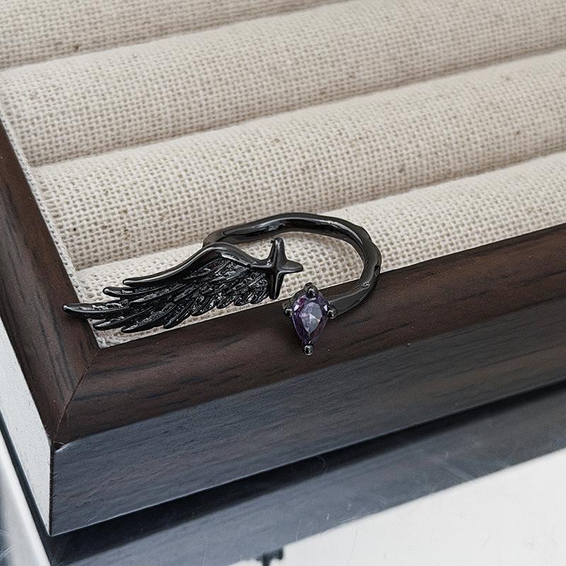 Dark Gothic Wings Love Multi-Color Colored Treasure Zir*****Pen Ring With Diamonds Niche High-End Sense Stacked Ring Adjustable opening