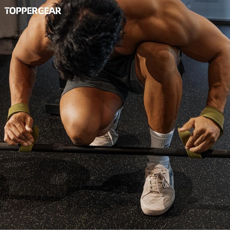 TOPPERGEAR Genuine Leather Wrist Strap with Enhanced Grip and Pads for Deadlifts and Pull-Ups (Green)