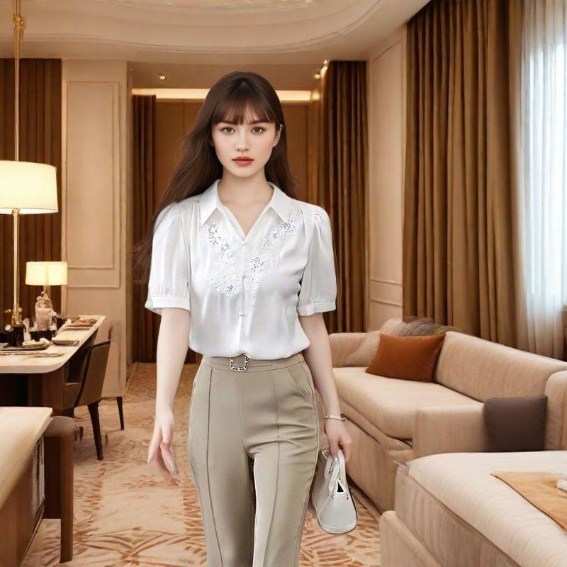 Women's Embroidered Blouse Puff Sleeve Pearl Detail Button-Down Top