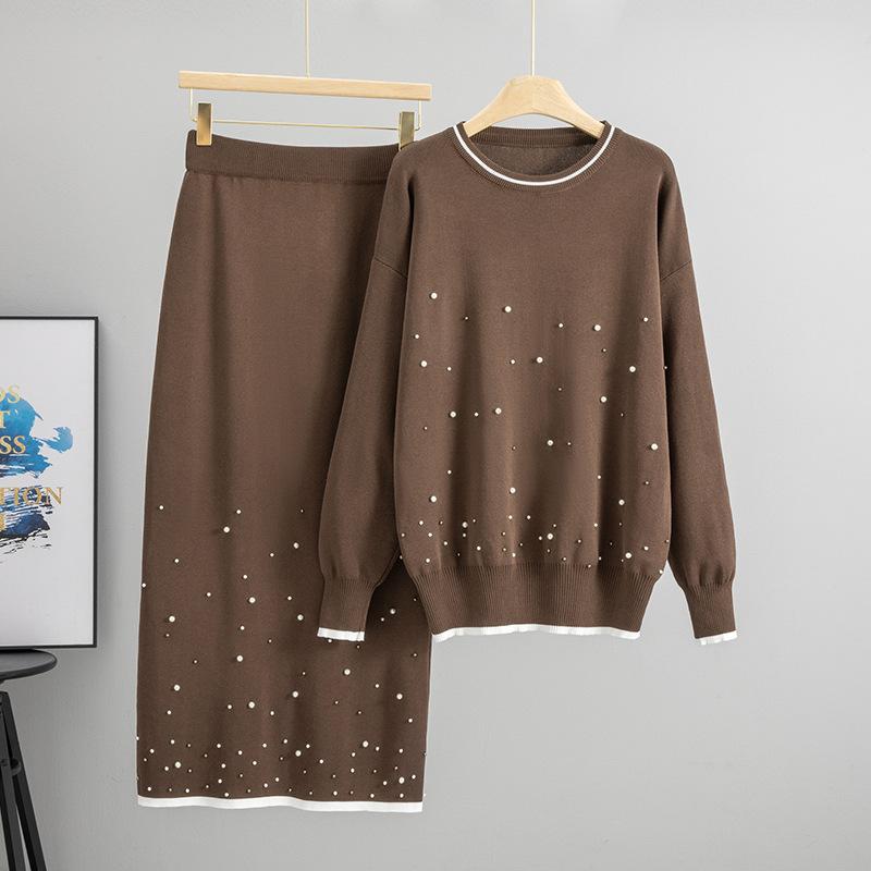 Autumn and Winter Fashion High-waisted Loose Slimming Beaded Knitted Top Half-length Set of Two Pieces