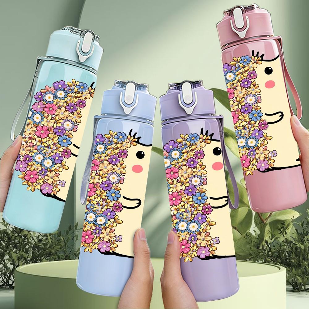 1PC Cute Hedgehog Pastel Cartoon Print 750ml Color Plastic Sports Water Bottle Leakproof Flip Straw Lid Suitable for Sports Office Home Use
