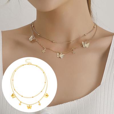 Butterfly Star Necklace Women's Double Layer Beads Chain Pendant Elegant Gift