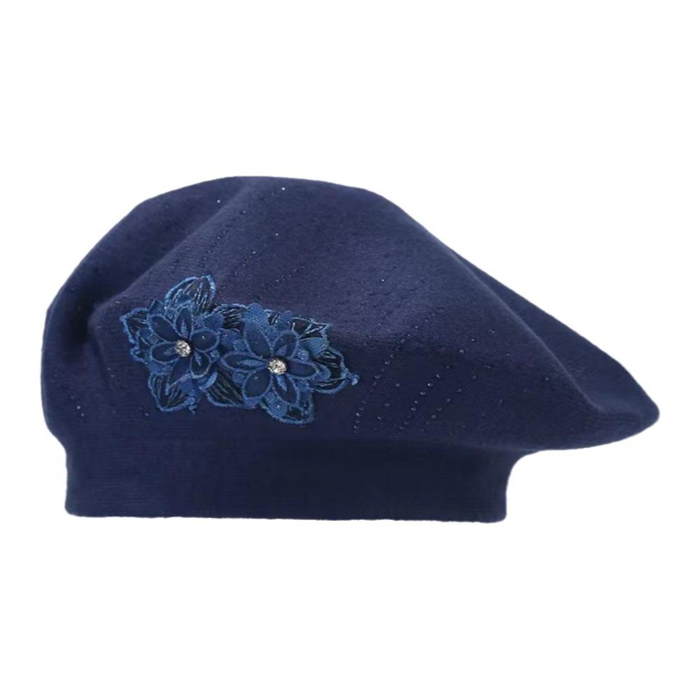 Flower Embroidery Women Beret Button Design Thick Material Woolen Hat Ear Protection Keep Warm Octagonal Hat Outdoor Activities