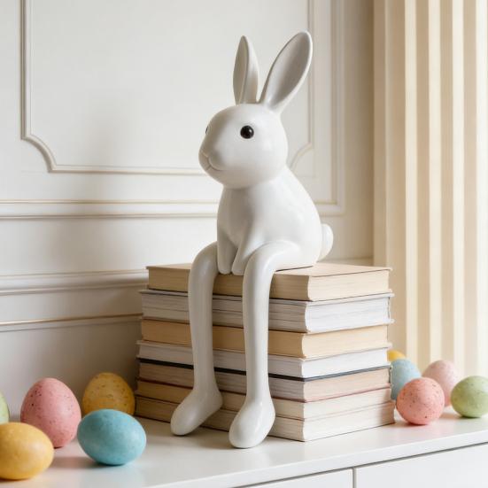 Sitting Bunny Figurine Easter Rabbit Sculpture Modern Resin White Rabbit Statue for Desk Cabinet Bookshelf Counter Living Room Office Decor