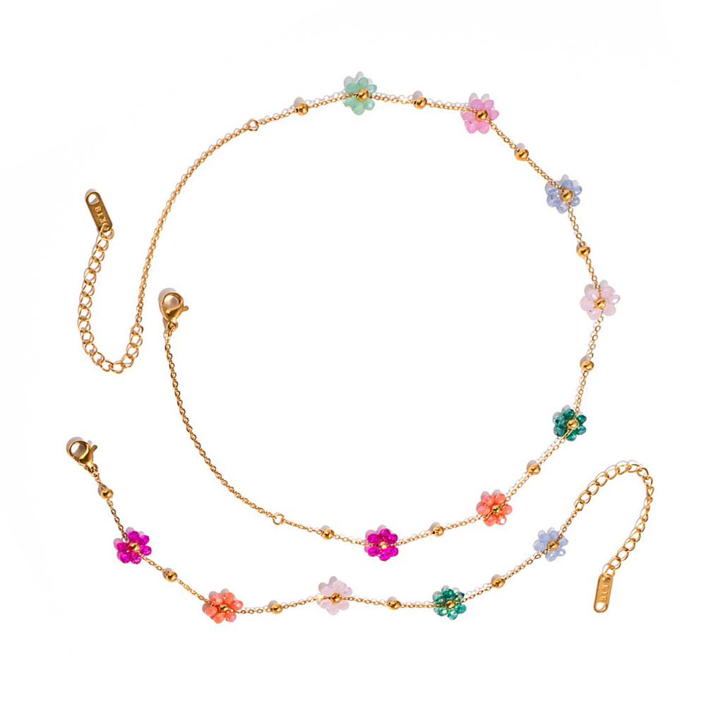 Colorful Flower Bead Necklace and Bracelet Set Fashionable Sturdy Steel Jewelry Accessory for Trendy Women Ladies