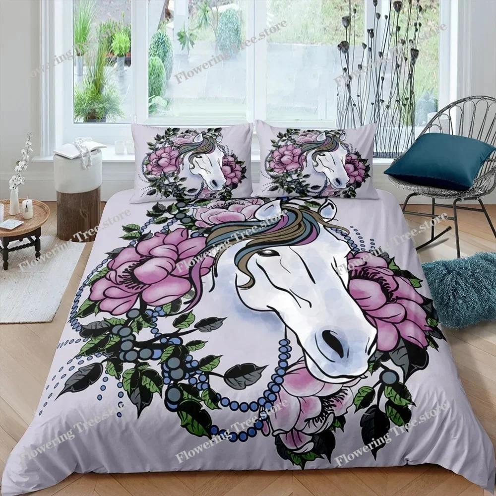 3D Horse Duvet Cover King Queen Size Yellow Sunflower Bedding Set Floral Animal Theme Quilt Cover Wildlife Soft Comforter Cover