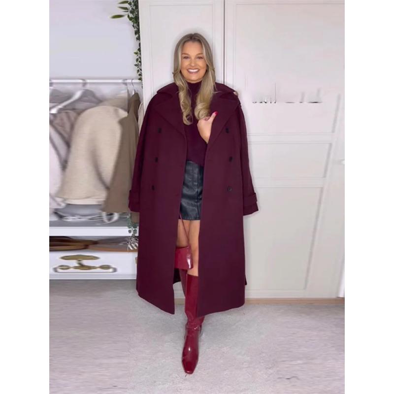 Burgundy Buttons with Belt Long Coat Women Fashion Lapel Full Sleeves Wool Blends Jacket Office Lady Outerwear