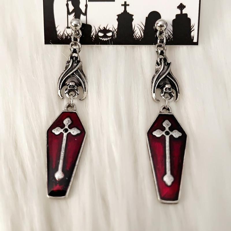 

Gothic Sliver Color Vampire Bat Cross Red Drip Glaze Coffin Dangle Earrings for Men Women Halloween Party Jewelry Accessories