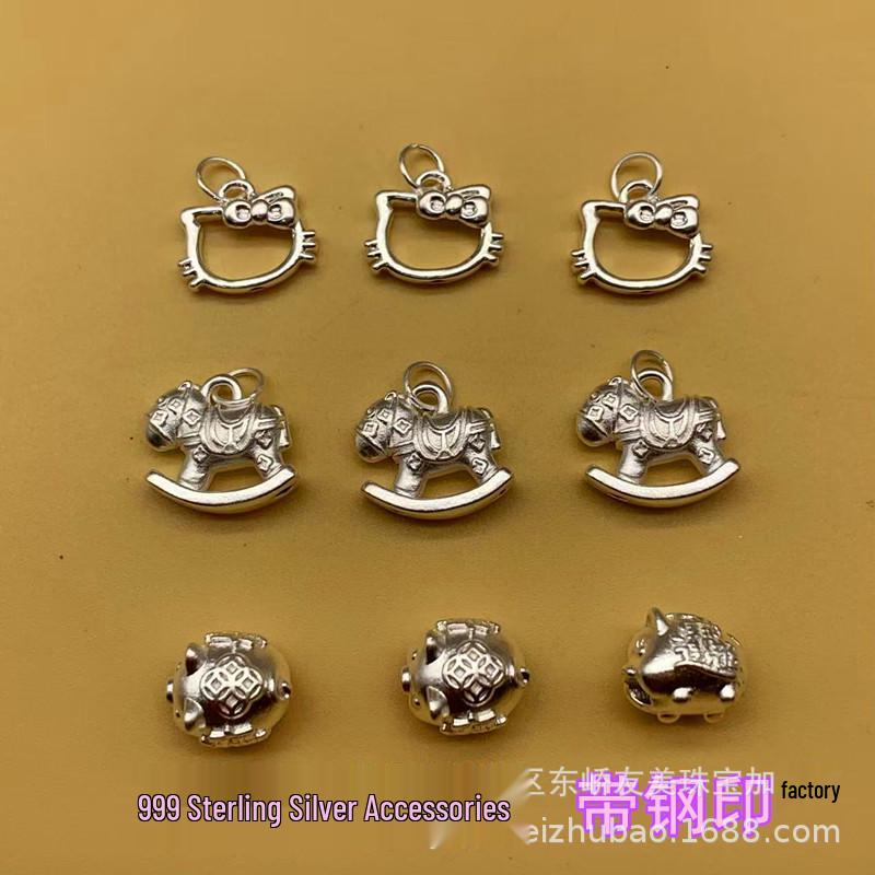 999 Sterling Silver Hollow Cat, Rocking Horse & Wealth Pig Pendant - Handmade Jewelry Accessories for Bracelets Hollow Cat